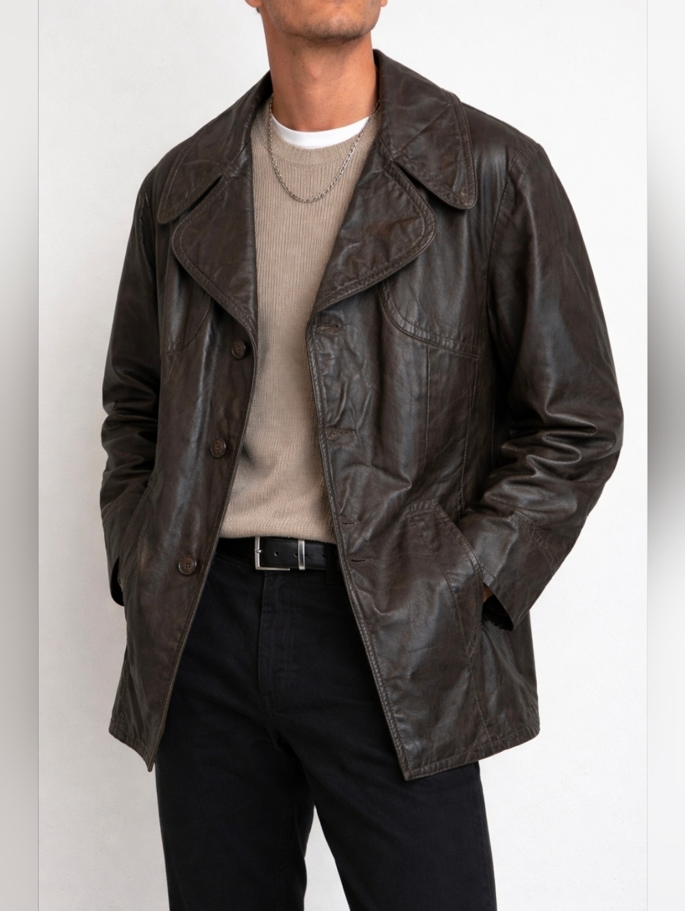 Vintage 70s Sears Brown Leather Coat | Zip Out Faux Fur Lining | Men's M/L